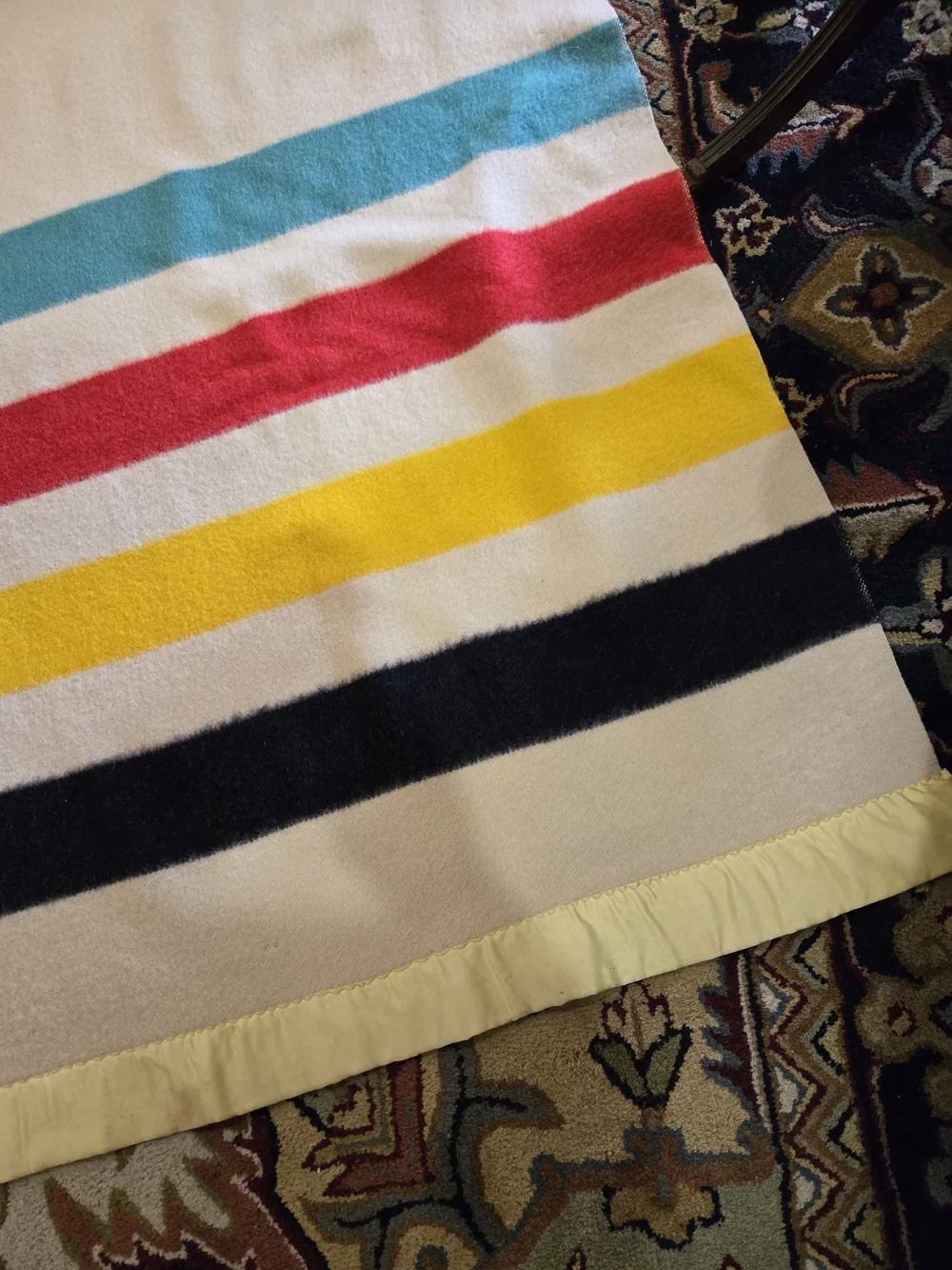 Hudson's Bay Vintage 100% Wool Cream, Yellow & Black Wool Throw with Satin Trim